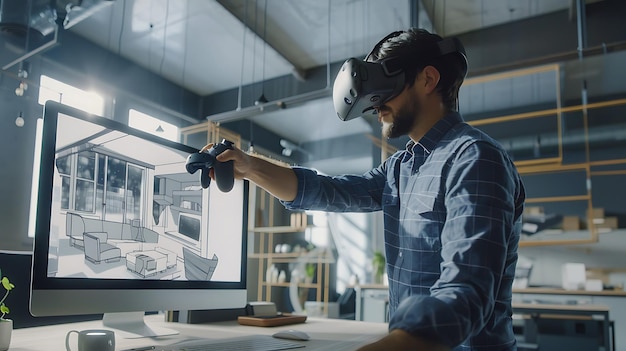 Man using vr headset and computer for virtual reality architecture design |  Premium AI-generated image